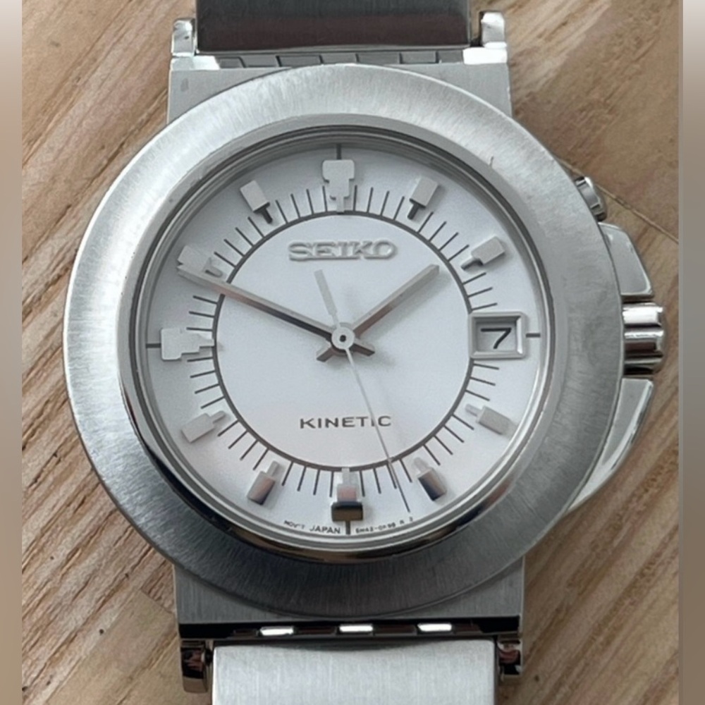Seiko Kinetic Super Rare Automatic Watch White Dial Stainless Bracelet Dial